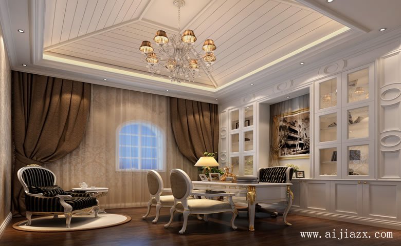 白色純凈的歐式風(fēng)格別墅書(shū)房裝修效果圖